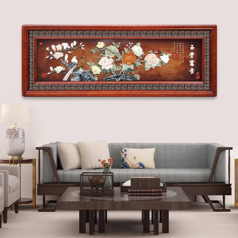 九头鸟手工玉雕画《玉堂富贵》220×80