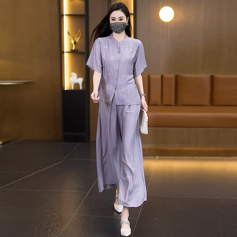 大码刺绣套装2025夏季新款中式洋气时尚薄款短袖上衣+阔腿裤套装