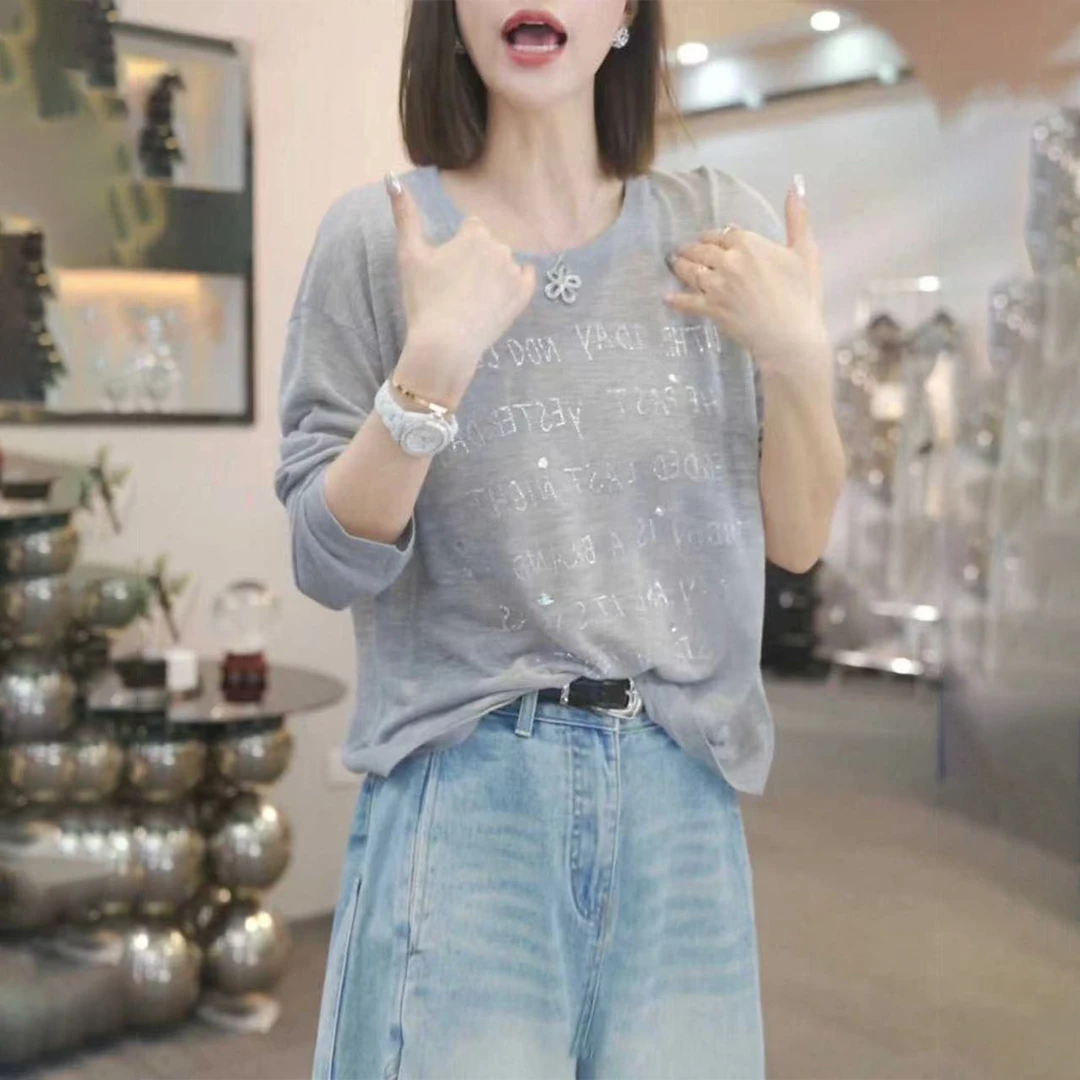 竹节螺纹烫钻防晒衫夏季新款竹节韩系时尚慵懒风宽松显瘦薄款上衣