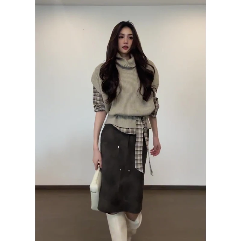 2025秋季法式气质宽松高领毛衣上衣内搭格纹衬衫高腰半身裙X11330
