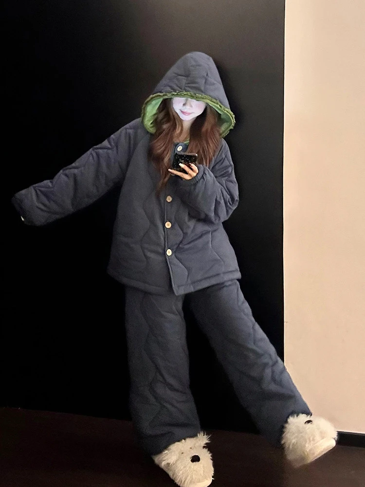 简约纯色高级感棉服睡衣女冬季连帽花边舒适保暖家居服套装可外穿