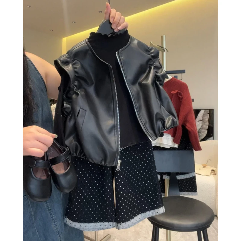 韩国童装女童皮衣马甲2025新款早春穿搭又酷又飒的女童装夹克外套