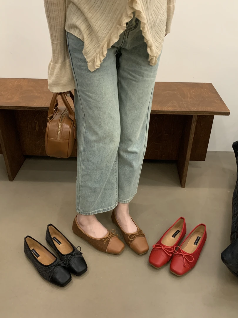 422-9 气质平底蝴蝶结浅口单鞋女早春新款拼接绒面方头软底瓢鞋