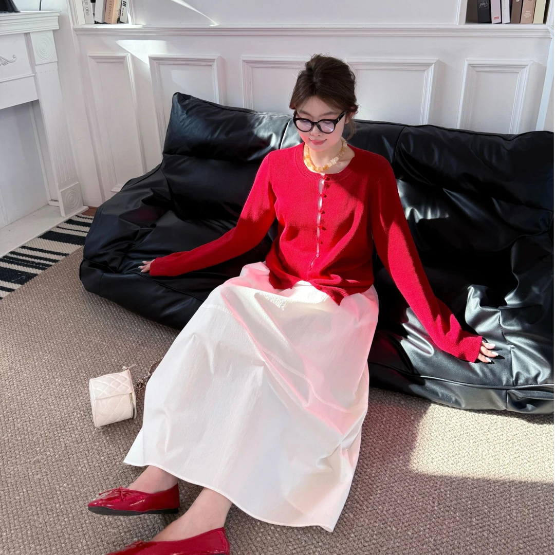 晶咕软软【氧气多巴胺】时尚复古撞色设计感假两件圆领针织开衫