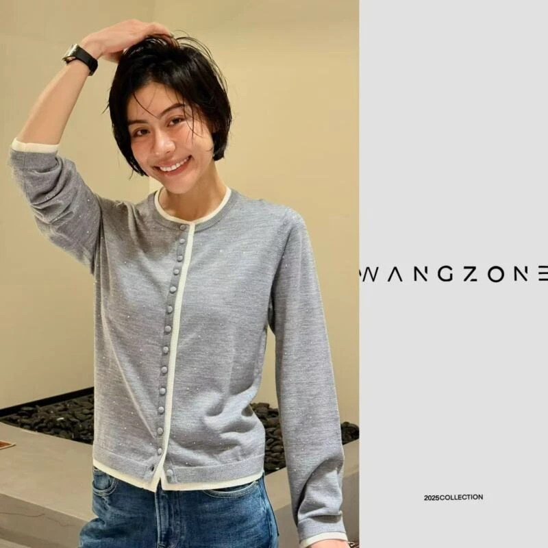 WANG ZONE | 意大利精纺手工羊毛轻奢小香风高级感烫钻珍珠扣圆领