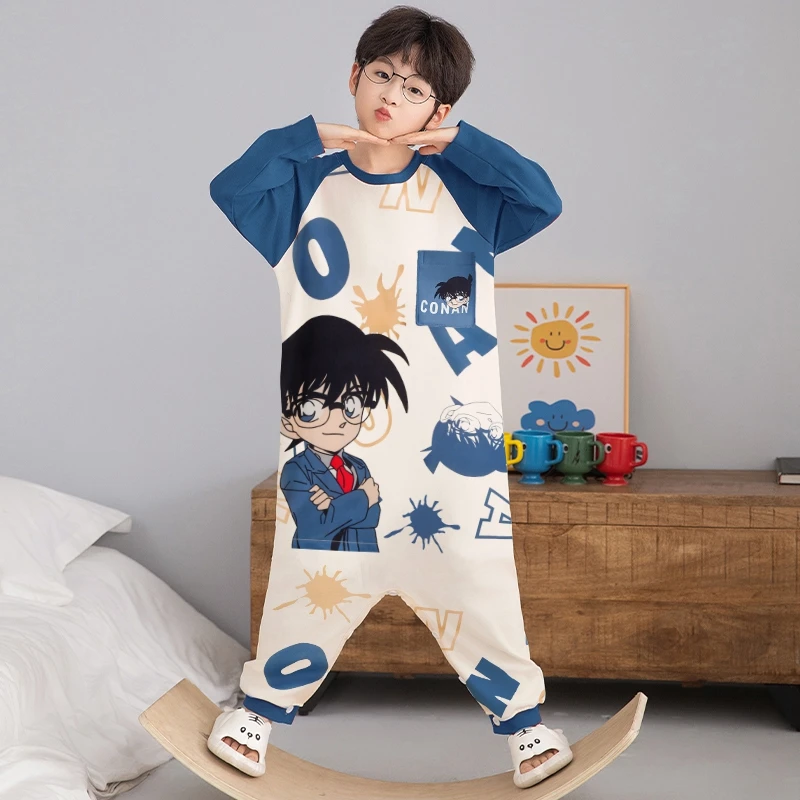 男童连体睡衣儿童春秋纯棉长袖家居服中大童小孩子防踢空调服睡袋