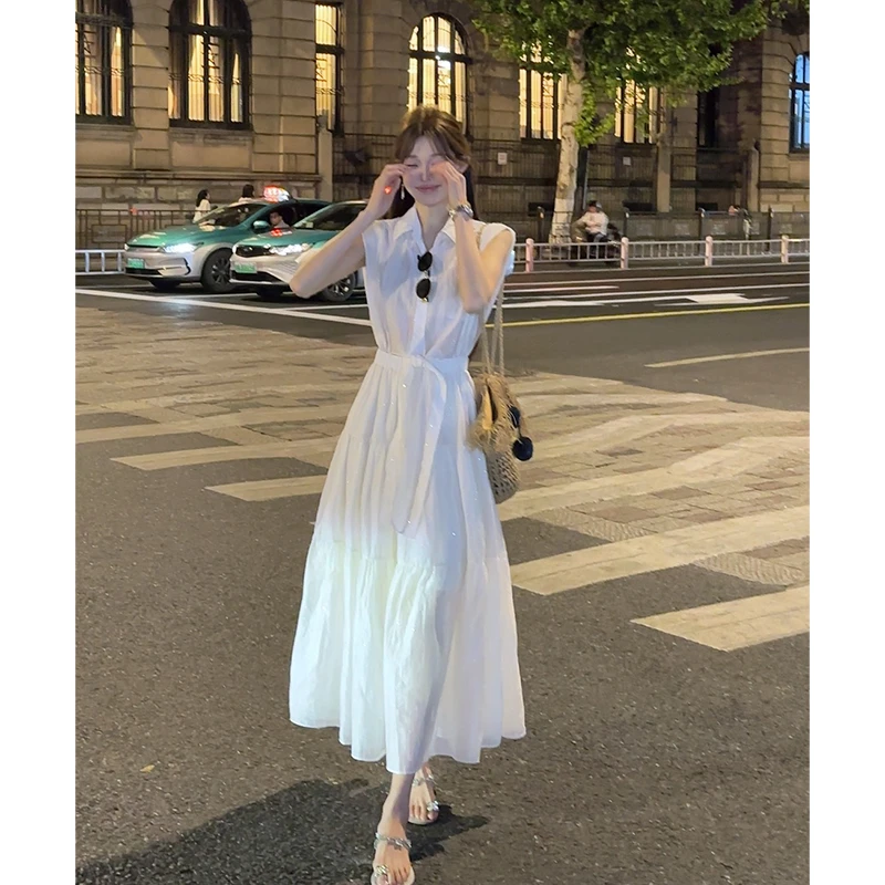 韩系chic白色高级感无袖衬衫连衣裙女夏季新款设计感收腰显瘦长裙