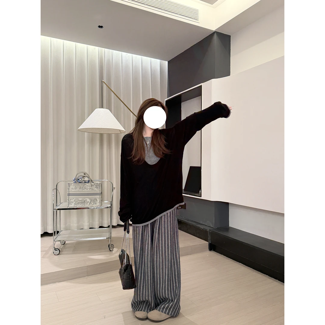 Ssman【竖条纹】高腰针织气质休闲宽松时尚高腰时尚直筒显瘦休闲裤