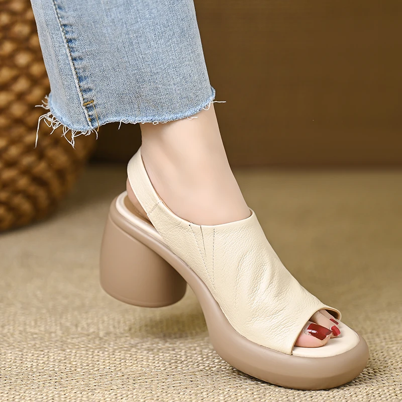 小个子女鞋7厘米软羊皮厚底高跟凉鞋女夏季防水台粗跟鱼嘴罗马鞋