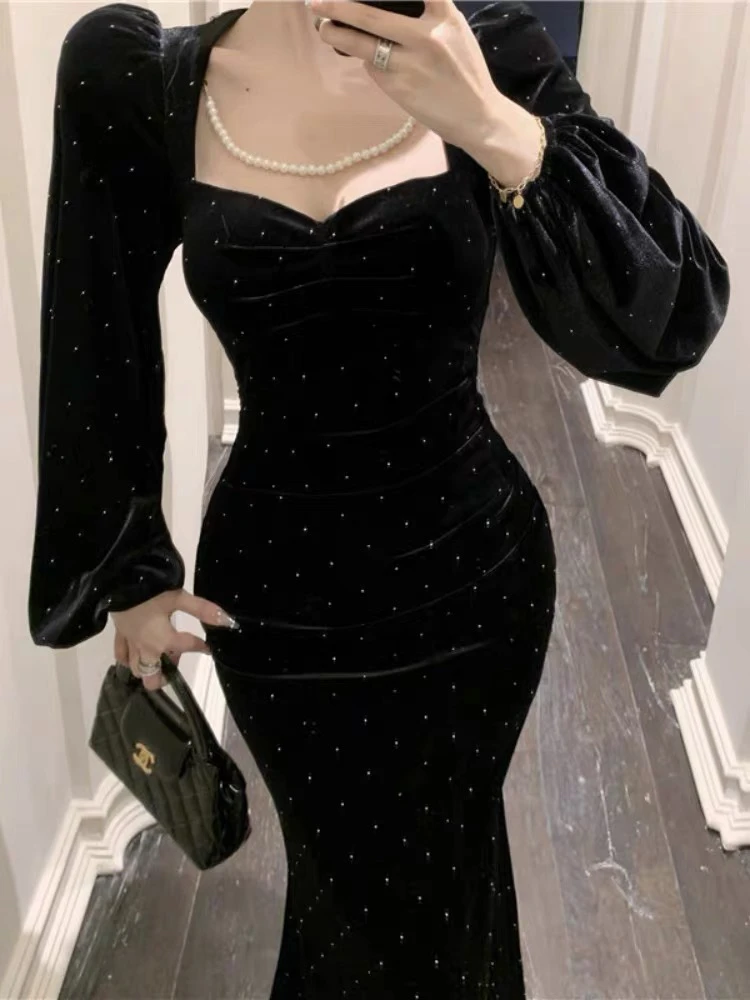 优雅气质款高压烫钻丝绒连衣裙