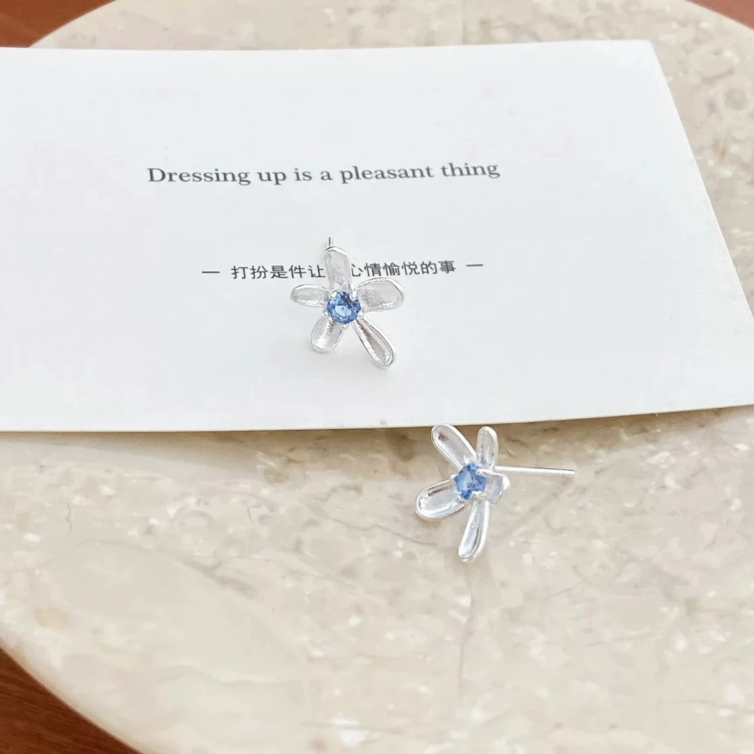 925银合成锆石耳饰 韩版小清新蓝锆花朵耳钉甜美百搭ins风3021