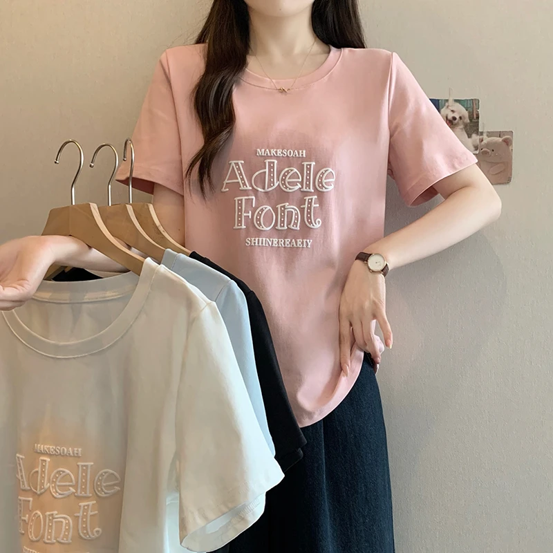 2025夏装新款胖mm大码女休闲减龄印花字母圆领短袖T恤33822