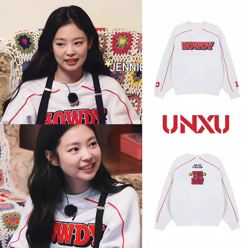 UNXU新款美式重磅无帽圆领卫衣女明星同款刺绣上衣宽松情侣款长袖