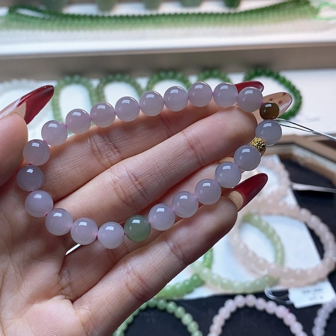 和田玉手链未镶嵌烟紫卡八