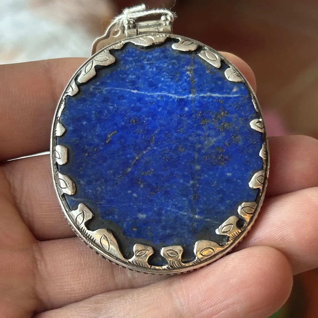 吊坠925银 尼泊尔手工银镶嵌青金吊坠藏传中古