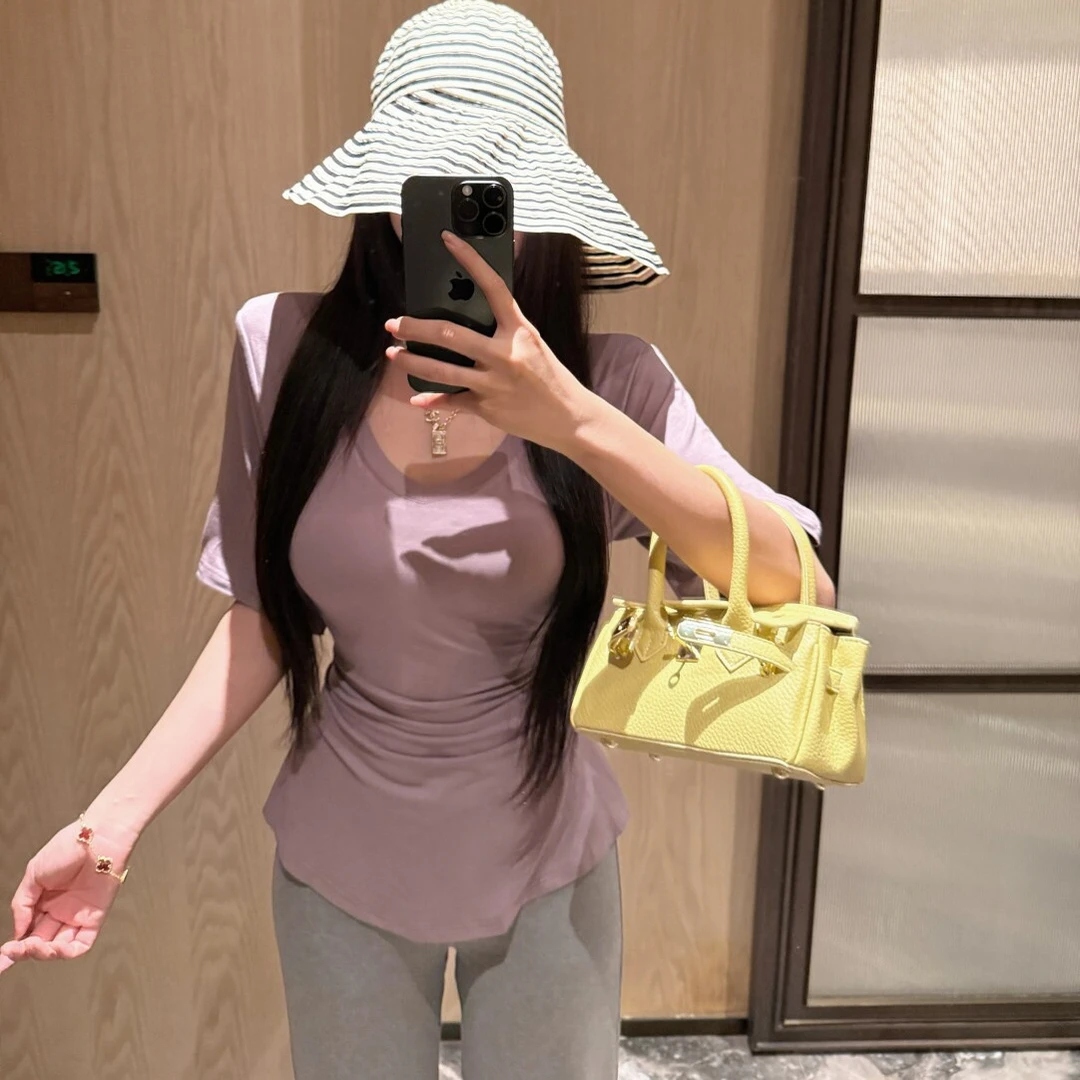 艺等夏季新款多种穿搭v领半袖收腰T恤女一字肩修身显瘦纸片人上衣