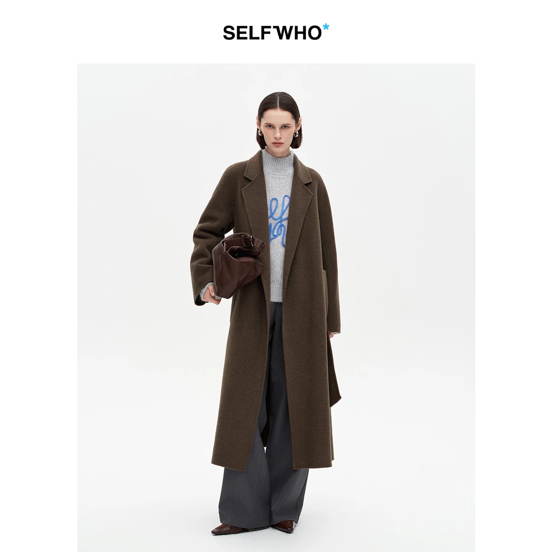SELFWHO绵羊毛混纺浴袍式双面呢大衣女2025冬季新款无扣腰带外套