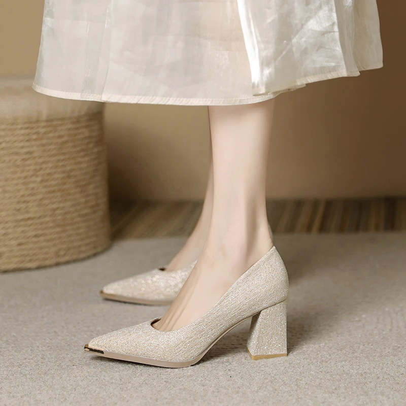 木木98581-2气质法式浅口鞋春秋高跟女鞋新款鞋新娘鞋百搭单鞋
