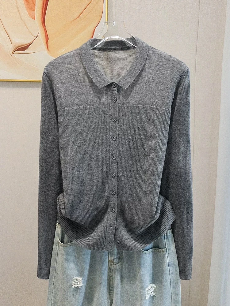 {367}2025年春款POLO领超细针织开衫女长袖外套薄毛衣翻领上衣