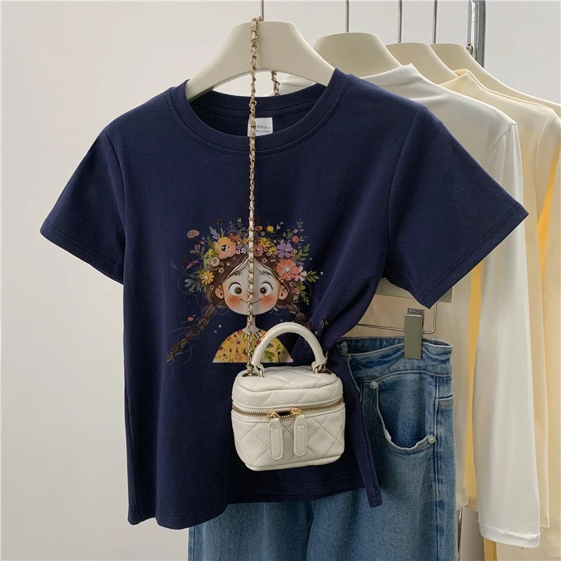 时尚减龄鲜花小女孩印花短袖T恤女奶系ins夏文艺韩系修身百搭上衣