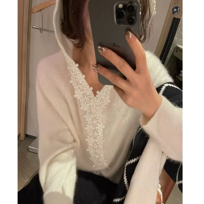 蜜熊绒韩系蕾丝连帽针织打底衫女秋冬新款时尚时髦百搭宽松毛衣潮