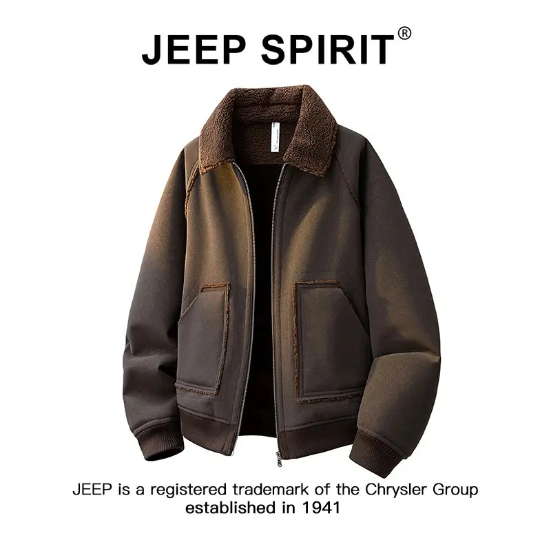 JEEPSPIRIT吉普翻领夹克棉服男秋冬季新款加绒加厚工装风潮流外套