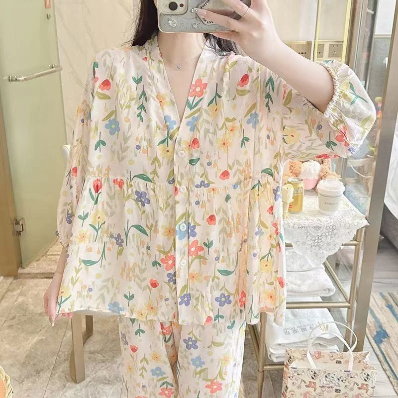新款女士棉绸家居服套装女宽松舒适时尚印花睡衣休闲两件套