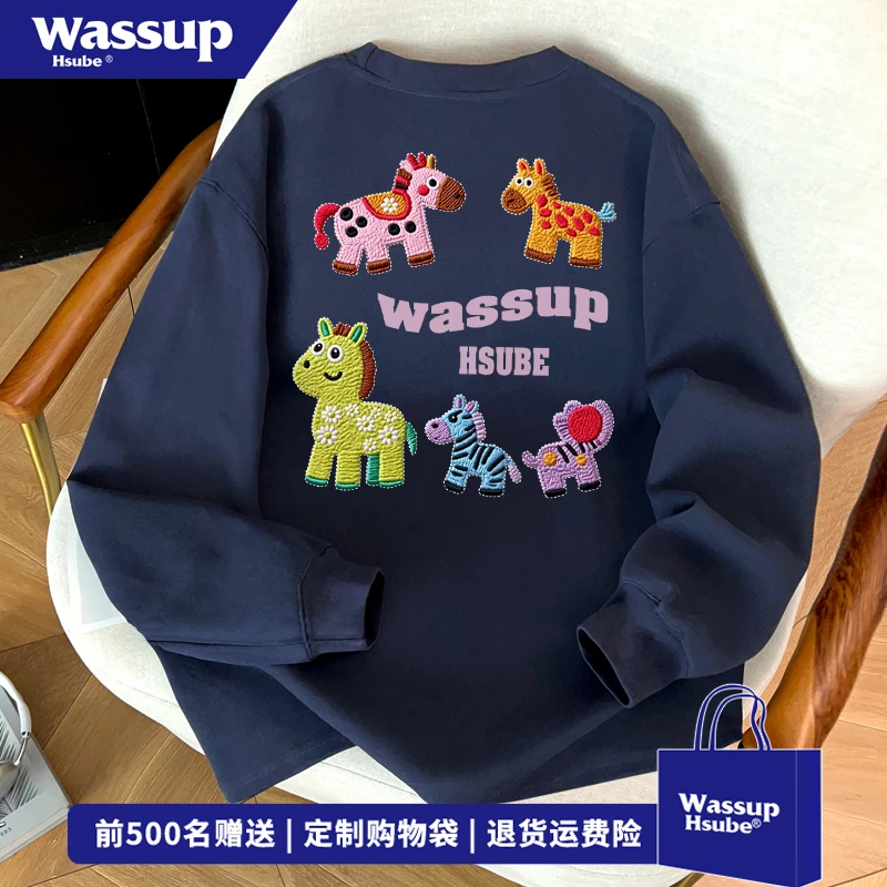 WASSUP HSUBE早秋新款纯棉长袖T恤男韩版斑马印花痞帅打底衫上衣