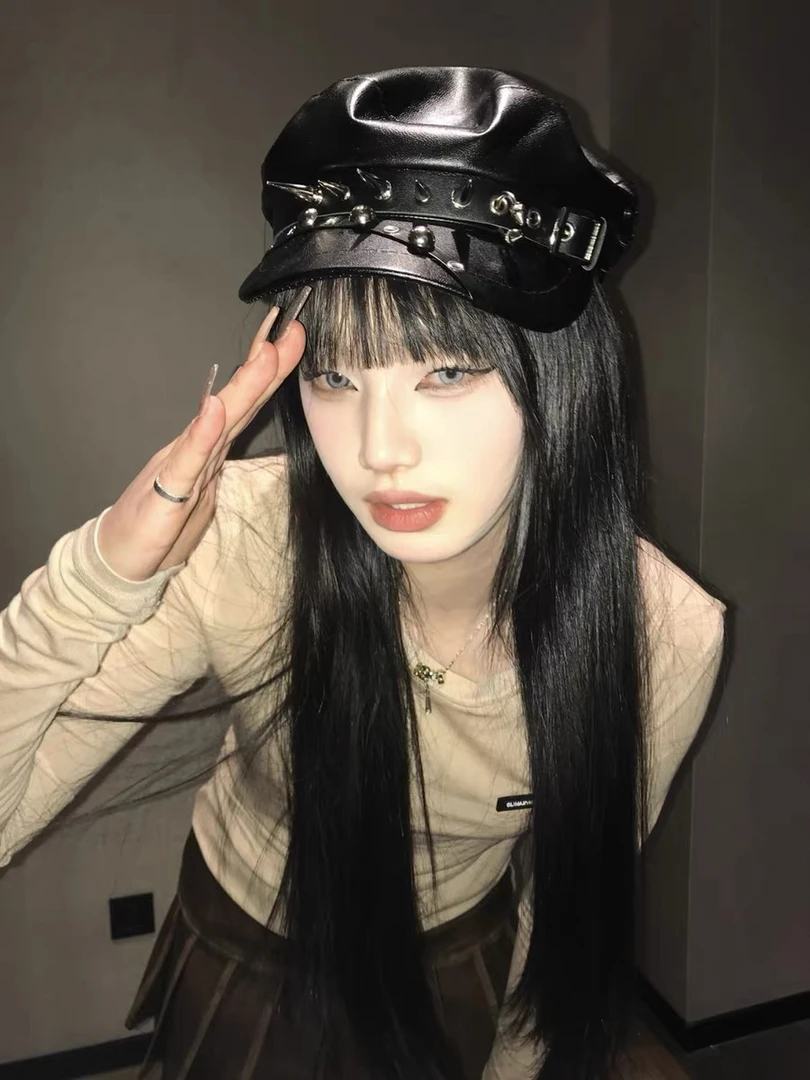 暗黑铆钉皮质贝雷帽y2k亚文化朋克少女画家帽休闲百搭帽子街头风