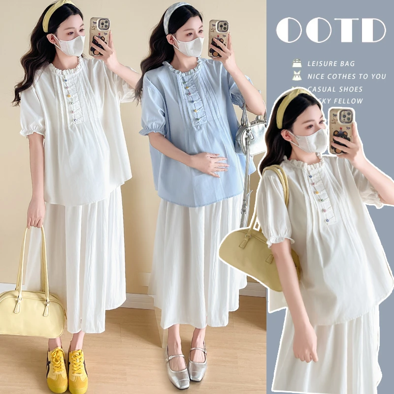 【晴晴】孕妇夏装上衣2025新款时尚孕期百搭显瘦木耳边领娃娃衫夏季