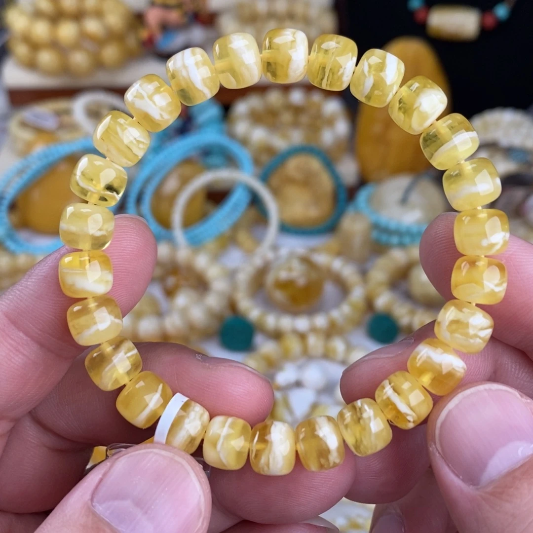 蜜蜡未镶嵌手链金瓷白拉丝细纹虎皮8.6mm