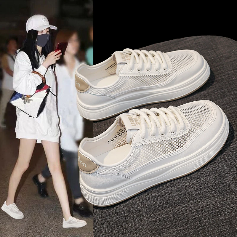 【3厘米】网面透气小白鞋女2025新款夏天百搭轻便爆款休闲平底板鞋