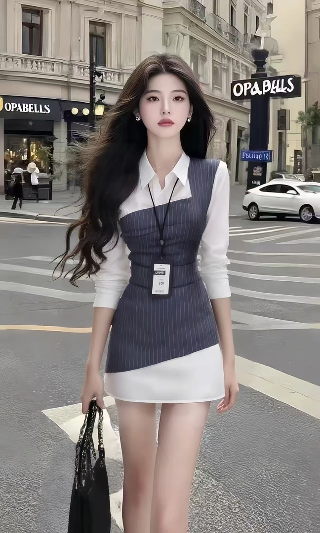 时尚新款通勤风职场气质穿搭氛围感拼接衬衫领长袖修身收腰连衣裙