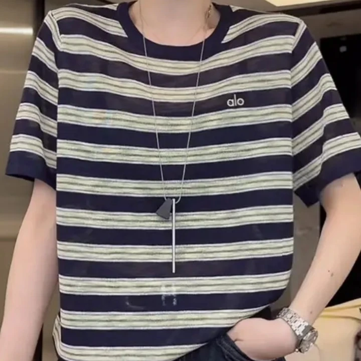 2025春夏韩版圆领宽松短袖条纹针织T恤上衣