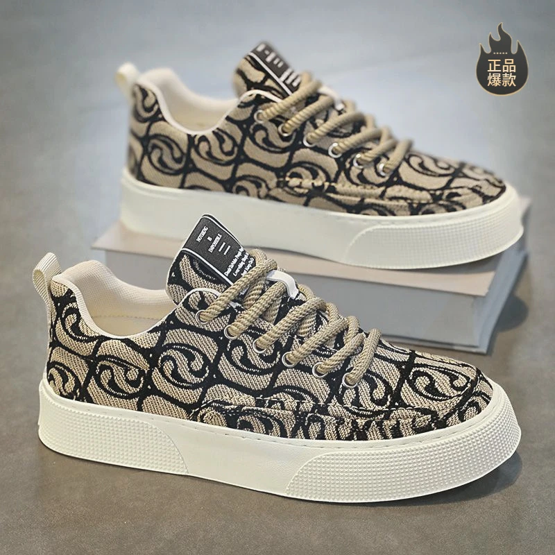 断码帆布鞋男低帮冬季2025新款小众低帮印花板鞋男士厚底运动休鞋