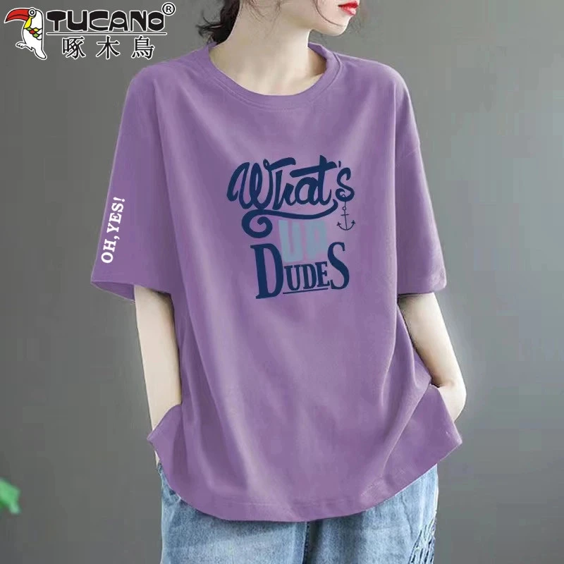 【啄木鸟】时尚潮牌100%纯棉短袖t恤女2025夏季百法式大码黑色T恤