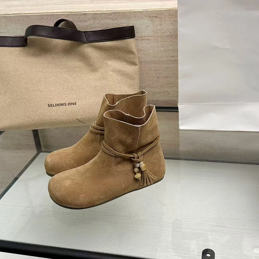 马丁靴圆头高帮胶粘秋冬休闲风套筒百搭流苏