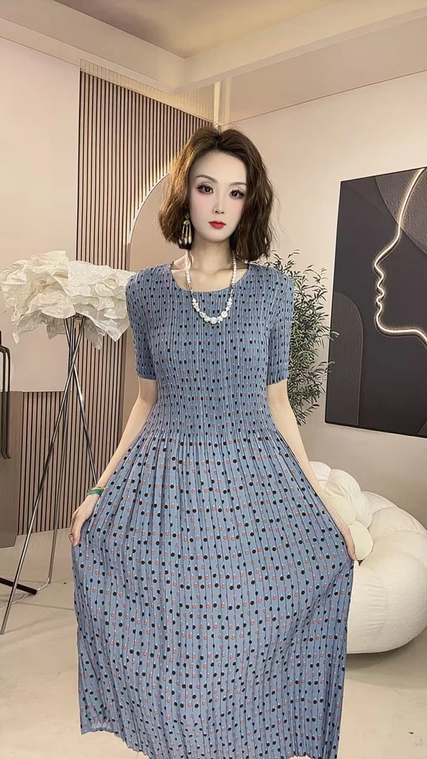 313号高档褶皱连衣裙春夏中长款大码短袖减龄圆点轻薄透气显瘦裙