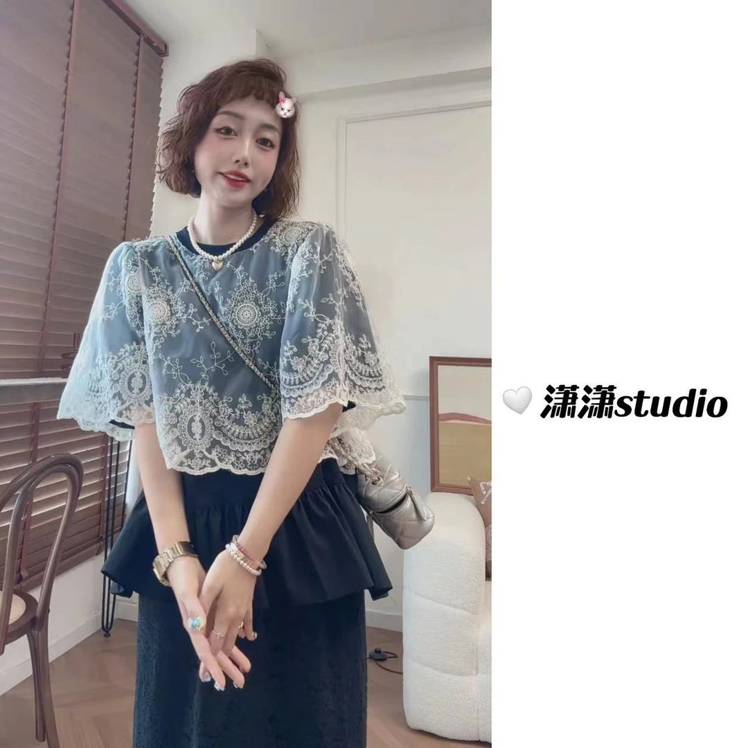 【黛西女主】【遮肚子】【遮屁股】潇潇拼接刺绣假两件半袖T恤XS2428