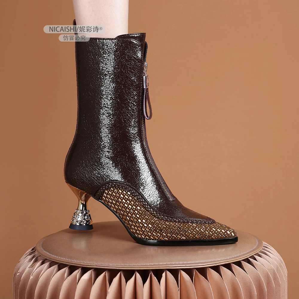 2025年新款欧美复古中跟尖头头软皮粗跟显瘦短靴百搭时尚女靴3608