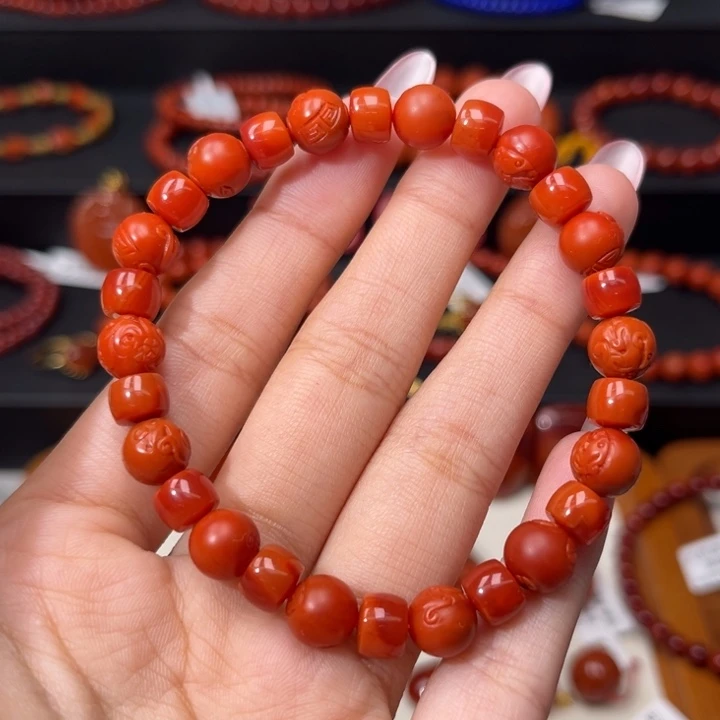南红玛瑙未镶嵌手链精工雕刻仿古龙满肉柿子红8mm