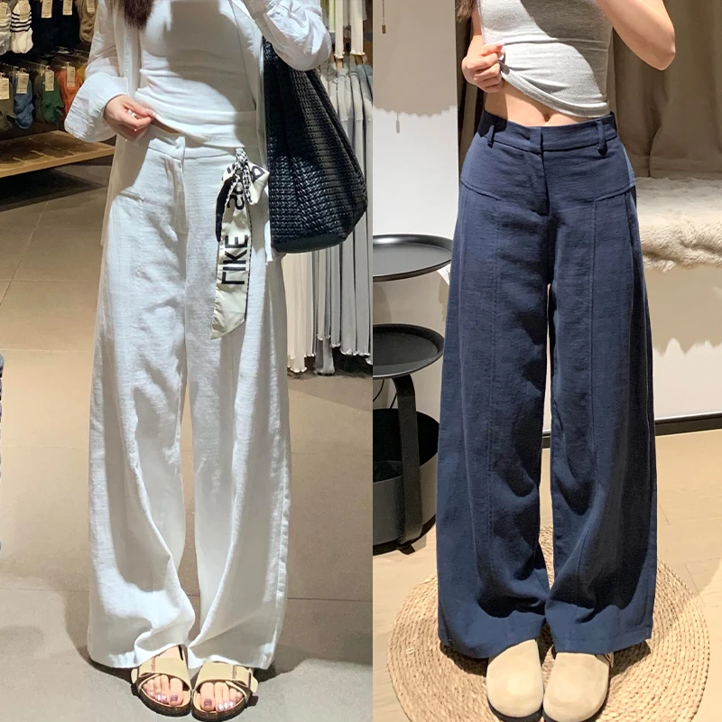藏青色亚麻苎麻阔腿裤女夏季高腰老钱风西装直筒棉麻小个子休闲裤