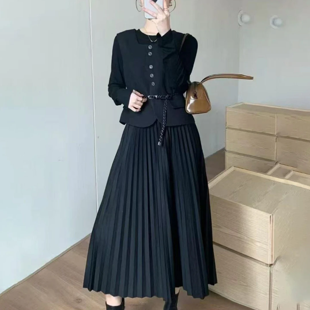 收腰百褶连衣裙女中长款2025秋冬新款毛呢马甲时尚洋气减龄两件套
