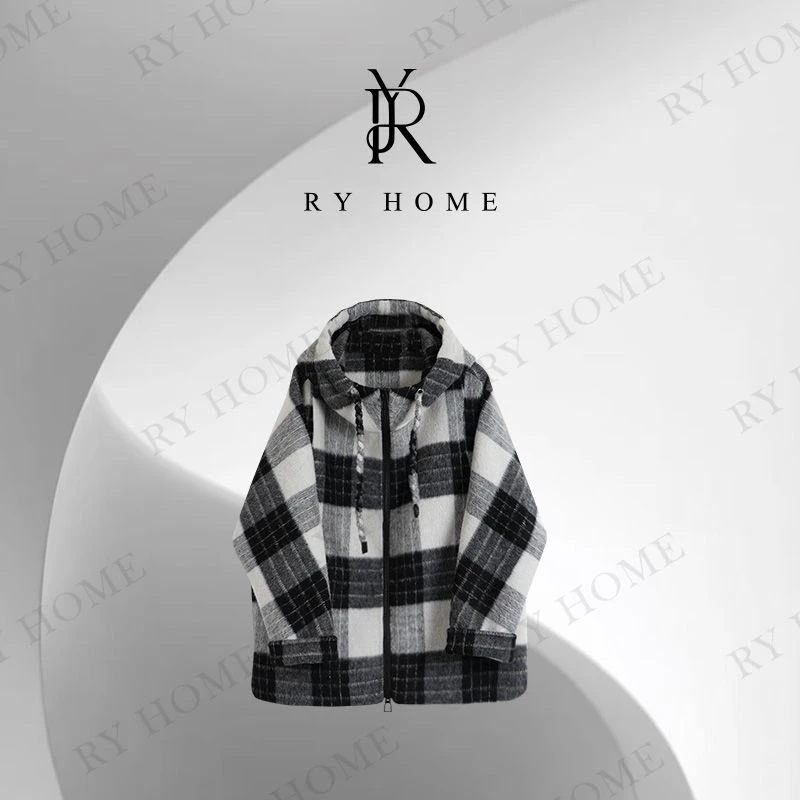 【容雨RYHOME】羊驼毛绵羊毛经典复古黑白格纹连帽外套253W2516