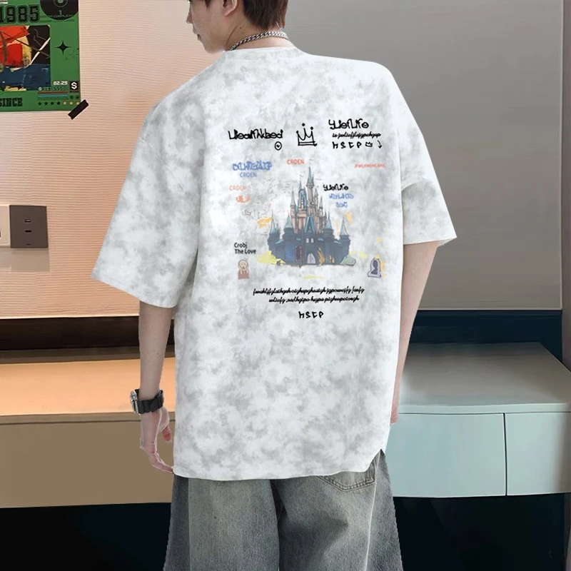 扎染纯棉短袖t恤男女同款宽松大码上衣美式潮牌小众设计感半截袖