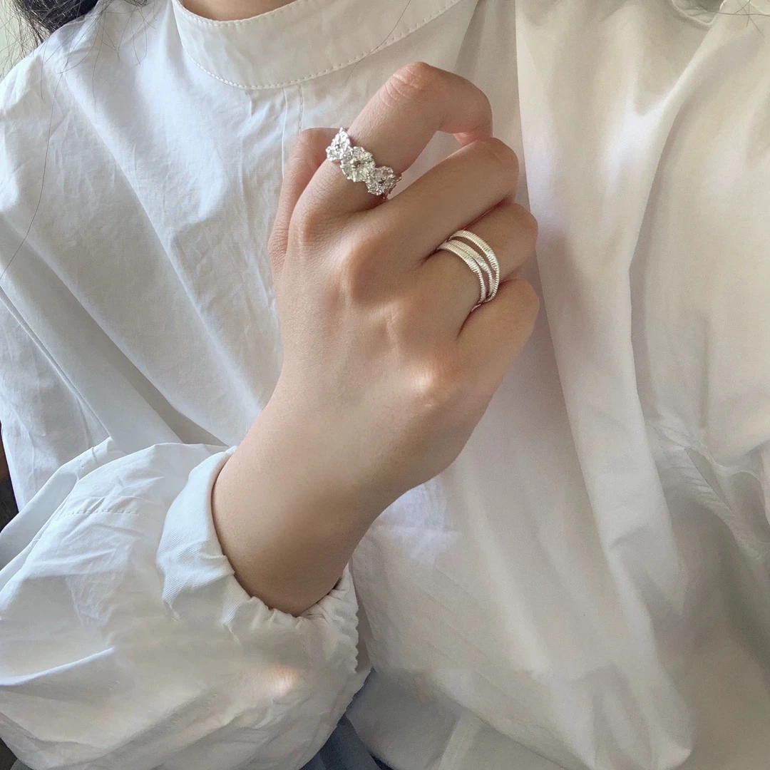 复古多层缠绕微镶开口戒指女高级感食指戒冷淡风指环个性肌理花朵