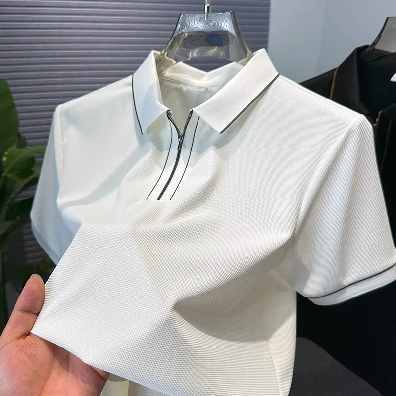 高端纯色短袖t恤男冰丝拉链翻领polo衫男半袖衬衫领夏装上衣服薄