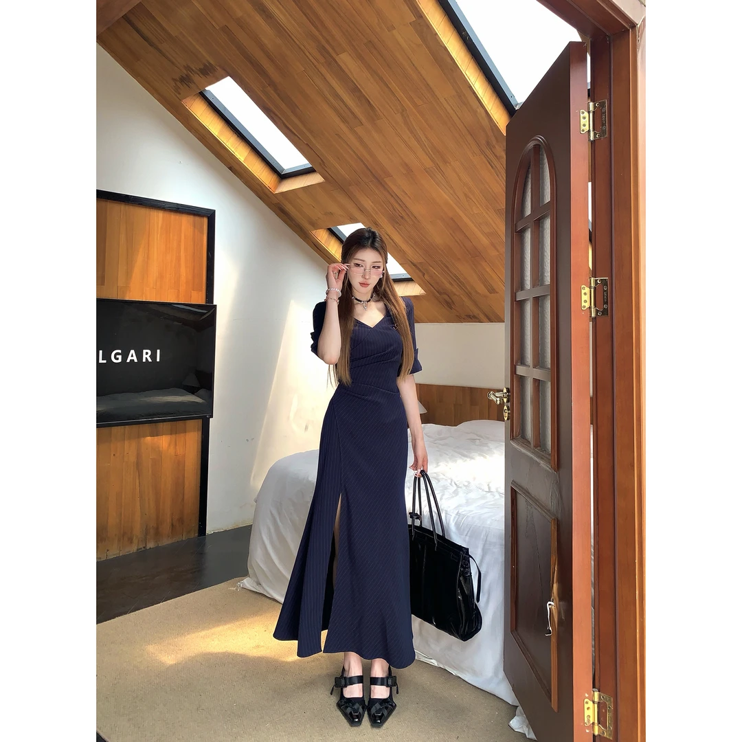 开叉衬衫连衣裙长款收腰设计感裙子QL87352