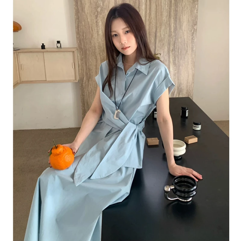【25043】绑带收腰减龄短袖衬衫+半身裙两件套套装