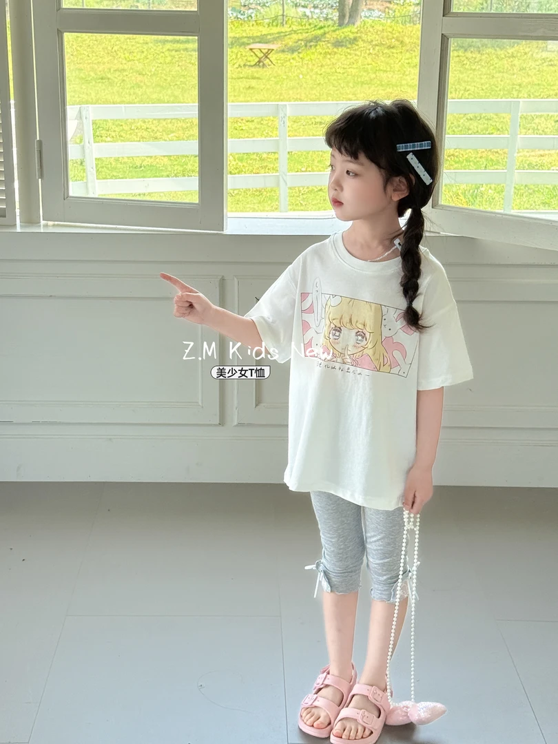 【美少女】2025儿童夏季中大童短袖带珠珠蝴蝶结上衣女童T恤N-65137